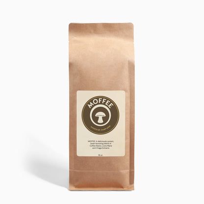 The Image shows a 16oz sealed bag of the mushroom coffee product called MOFFEE.